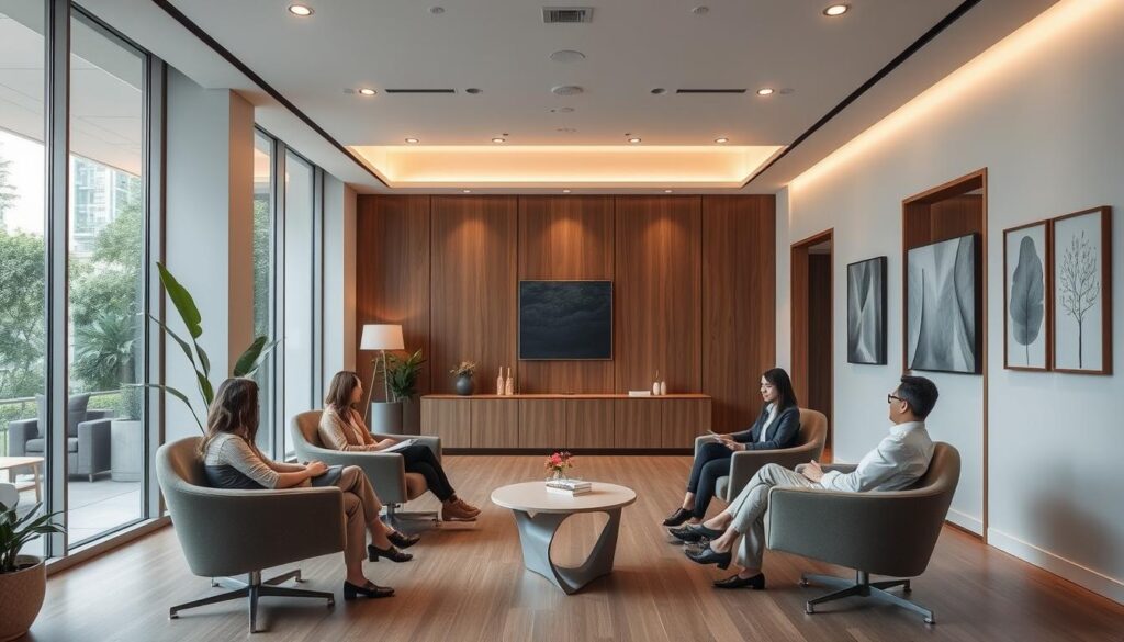 a high-end psychiatric clinic in Singapore, with a modern, minimalist exterior and large windows letting in abundant natural light. The interior is spacious and serene, with clean lines, earthy tones, and calming artwork on the walls. Patients are seated comfortably in ergonomic chairs, consulting with attentive psychiatrists who exude professionalism and empathy. The atmosphere conveys a sense of trust, privacy, and a holistic approach to mental healthcare. The lighting is soft and indirect, creating a warm, welcoming ambiance. The clinic's layout and design prioritize the well-being and comfort of both patients and practitioners.