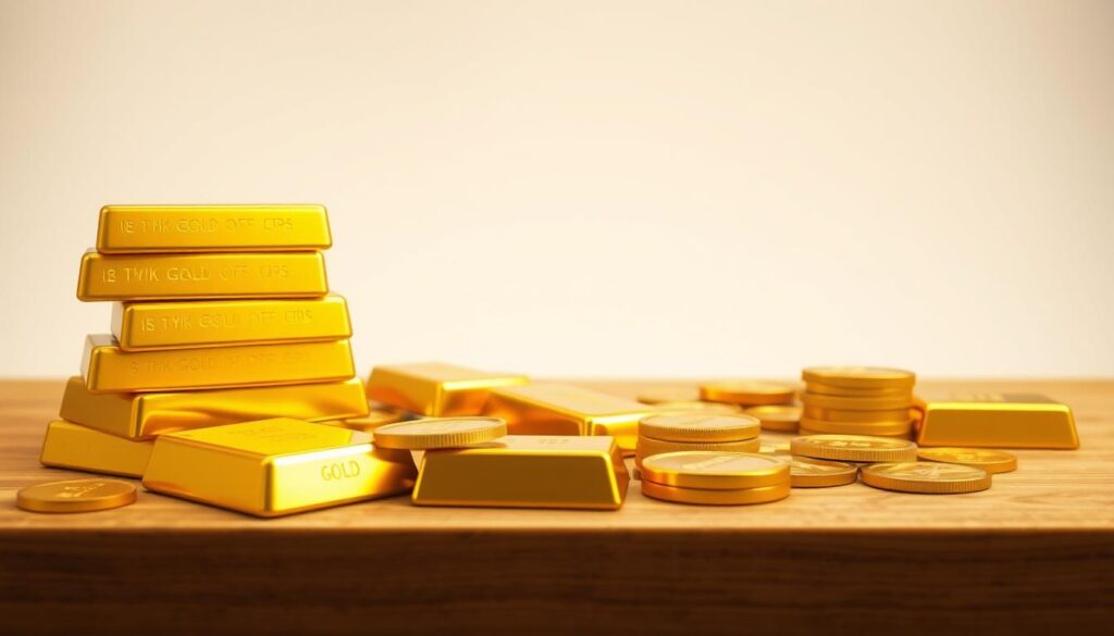 a high-resolution, detailed, and photorealistic image of a collection of gold bars and coins on a wooden table in a bright, evenly lit studio setting, viewed from a slightly elevated angle to showcase the shine and texture of the precious metals. The foreground features a stack of gleaming gold bars, with individual coins scattered around them. The middle ground includes a few larger gold coins, perhaps with historical designs. The background is a simple, uncluttered studio setting, allowing the gold to be the focal point. The lighting is soft and diffused, creating a warm, luxurious atmosphere that highlights the alluring quality of the gold.