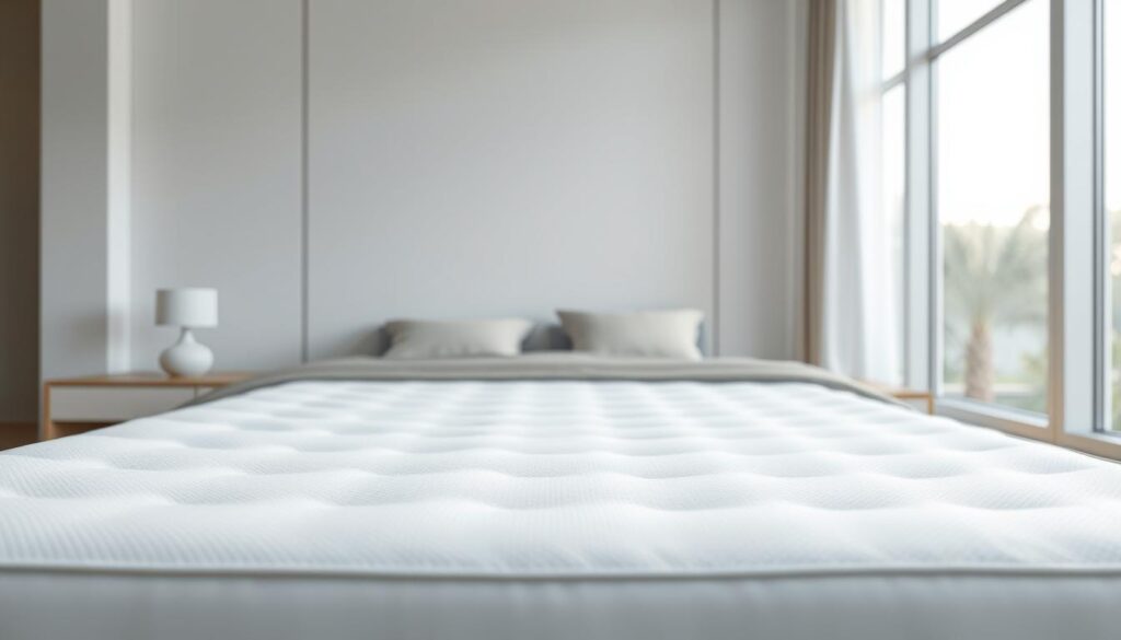 a highly detailed and photorealistic image of a cooling mattress topper, showcasing its advanced temperature-regulating technology. The topper is displayed in the foreground, with a crisp, clean white surface and a subtle pattern or texture. Behind it, an airy, minimalist bedroom setting is visible, with soft, natural lighting filtering in through large windows. The topper appears to be hovering slightly, emphasizing its advanced features. The overall mood is one of tranquility, comfort, and technological sophistication, perfectly capturing the essence of a cooling mattress topper designed for Singapore's humid climate.
