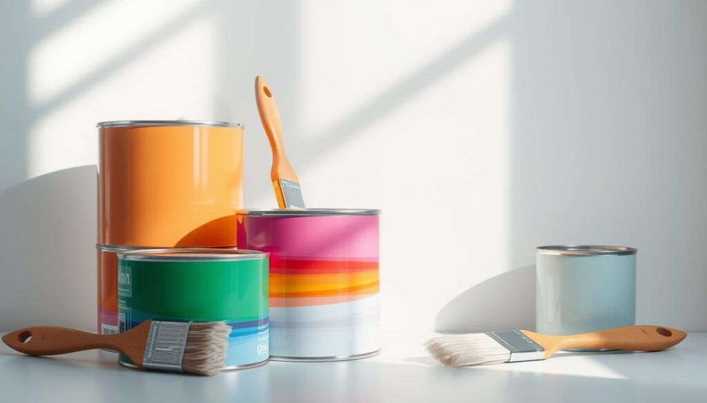 a highly detailed, photorealistic image of several premium paint cans and paint brushes arranged in a visually appealing and aesthetically pleasing composition, set against a clean, bright, minimalist background, with soft, natural lighting illuminating the scene from the left side, creating a sense of depth and dimension, showcasing the vibrant colors and high-quality textures of the paint products, conveying a sense of sophistication, quality, and attention to detail that would be suitable for a premium painting services provider in Singapore a highly detailed, photorealistic image of several premium paint cans and paint brushes arranged in a visually appealing and aesthetically pleasing composition, set against a clean, bright, minimalist background, with soft, natural lighting illuminating the scene from the left side, creating a sense of depth and dimension, showcasing the vibrant colors and high-quality textures of the paint products, conveying a sense of sophistication, quality, and attention to detail that would be suitable for a premium painting services provider in Singapore