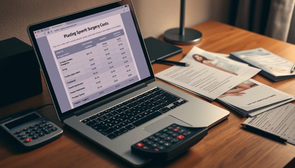 a highly detailed, realistic, and professionally-shot image of a desktop showing a laptop computer, a calculator, and various financial documents related to plastic surgery costs and financing options. The laptop screen displays a webpage or app with information on average costs, payment plans, and financing options for different plastic surgery procedures. The documents on the desk include price lists, brochures, and application forms. The lighting is soft and diffused, creating a warm and professional atmosphere. The camera angle is slightly elevated, giving a clear view of the entire desktop setup. The image conveys a sense of authority, reliability, and helpful information for individuals researching their plastic surgery options and budgeting for the procedure.