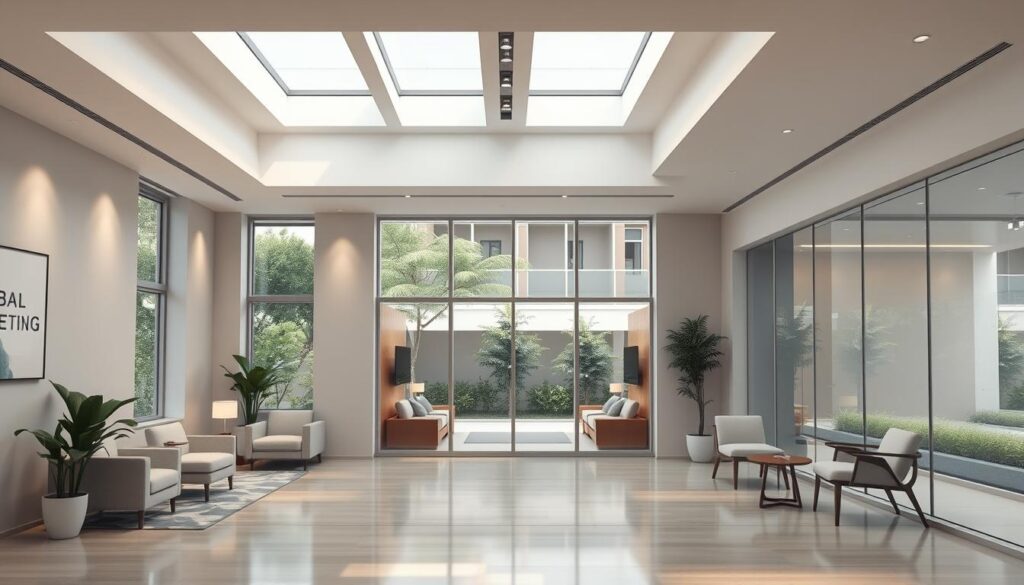 a hyper-realistic 3D rendering of a modern, state-of-the-art psychiatric services clinic in Singapore, showcasing a calming and professional atmosphere. The foreground depicts a welcoming reception area with comfortable seating and tasteful decor, conveying a sense of warmth and care. The middle ground features private consultation rooms with large windows overlooking a tranquil, landscaped garden, creating a serene and restorative environment. The background showcases the clinic's exterior, a sleek and elegant building with clean lines and a subtle, soothing color palette. Soft, diffused lighting from skylights and discreet fixtures lends a sense of tranquility throughout the space. The overall impression is one of a comprehensive, high-quality mental health facility dedicated to providing exceptional psychiatric services.