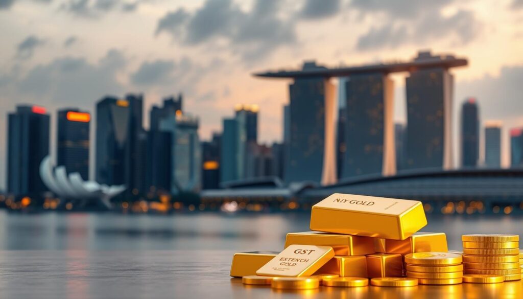 a hyper-realistic, high-resolution, 3D-rendered image of gold bullion bars and coins against a background of Singaporean skyline with the iconic Marina Bay Sands hotel, illuminated by warm, natural lighting with a shallow depth of field, showcasing the GST exemption for gold purchases in Singapore, creating a sense of financial prosperity and investment opportunities