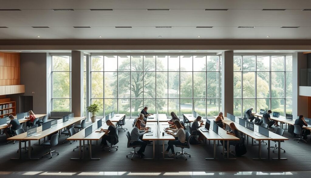 a large, open-plan study space with modern, minimalist furniture and abundant natural light streaming in through floor-to-ceiling windows. the space has a warm, inviting ambiance, with soft gray and wooden tones complementing the clean, airy aesthetic. groups of students are seated at long tables, intently focused on their work, creating a productive and collaborative atmosphere. the background features sleek architectural elements and lush greenery visible through the windows, suggesting a tranquil, campus-like setting. the overall impression is one of a stylish, well-designed study environment that is conducive to academic productivity and engagement.