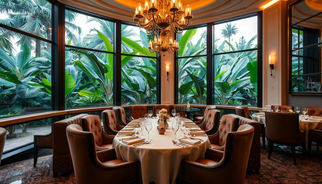 a lavish, well-lit and stylishly decorated private dining room with large windows overlooking a lush tropical garden, featuring elegant table settings, ornate chandeliers, and plush upholstered seating; the room has a sophisticated yet cozy ambiance, with warm lighting and a mix of modern and classic design elements that create an instagrammable backdrop for a celebratory birthday gathering