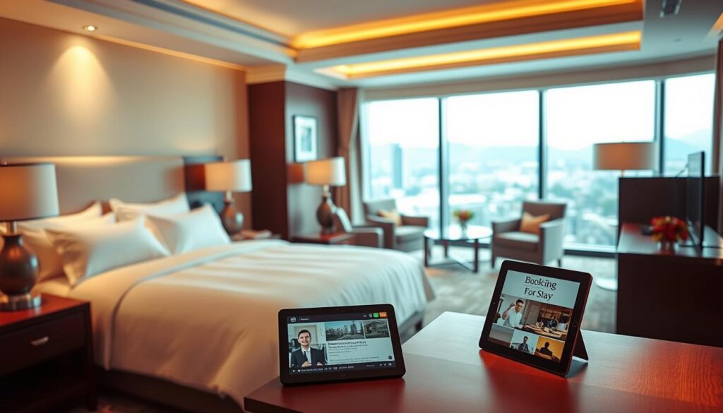 a luxury hotel suite interior with a large bed, plush bedding, and elegant furnishings. The room is bathed in warm, diffused lighting, creating a cozy and inviting atmosphere. In the foreground, a wooden nightstand with a lamp and a tablet display booking tips for luxury stays. In the middle ground, a seating area with comfortable armchairs and a coffee table. The background features floor-to-ceiling windows overlooking a picturesque cityscape, adding to the sense of sophistication and exclusivity. The overall scene conveys a sense of tranquility, comfort, and attention to detail, reflecting the high-end experience of a luxury hotel stay.