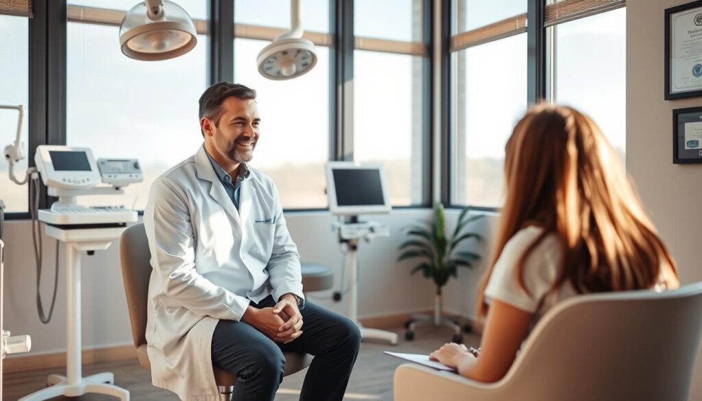 a medical office setting with a surgeon and patient in a consultation, discussing ethical practices in plastic surgery. The surgeon is sitting across from the patient, listening attentively. The room is well-lit with natural light filtering in through large windows, creating a calming, professional atmosphere. The surgeon's expression conveys empathy and care, while the patient appears at ease. In the background, subtle medical equipment and certifications on the walls suggest a commitment to high standards and patient-centric approach. The scene evokes a sense of trust, transparency, and the surgeon's dedication to ethical, personalized care.