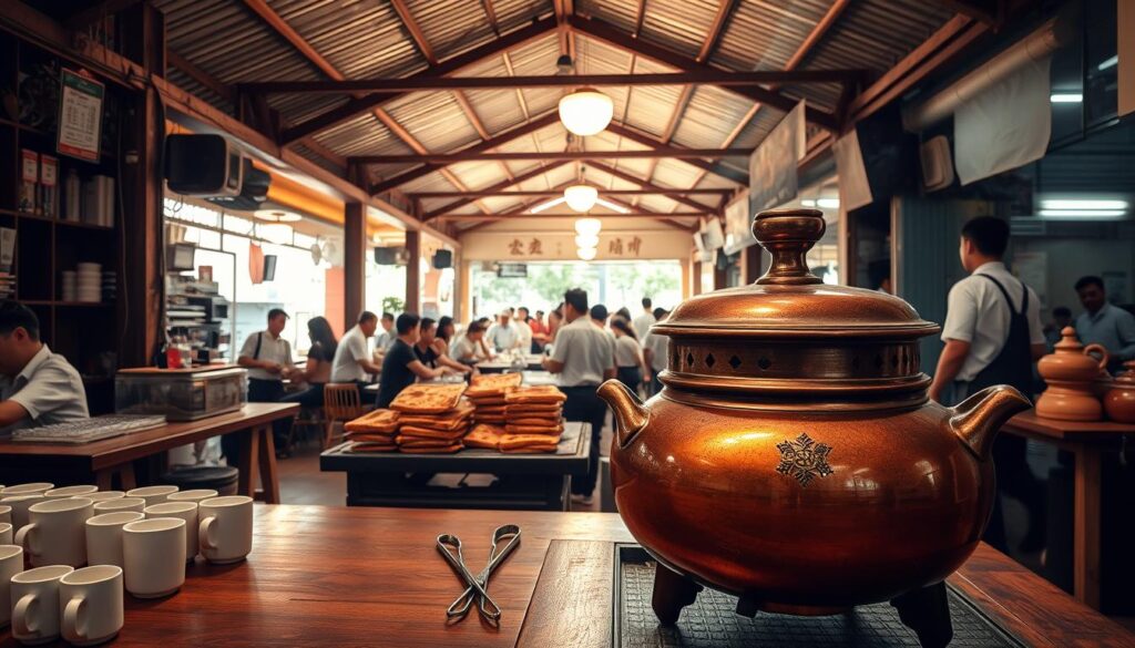 a photo of the iconic Seng Hong Coffeeshop in Singapore, showcasing its traditional water boiling pot on a wooden table in the foreground. The pot is gleaming with a warm, antique patina, surrounded by the familiar clutter of a classic kopitiam setting - ceramic mugs, metal tongs, and a stack of freshly baked kaya toast. The middle ground is filled with the busy hustle of customers and servers, all dressed in the timeless uniform of the kopitiam - white shirts, black pants, and sturdy aprons. In the background, the weathered wooden beams and corrugated tin roof create a nostalgic ambiance, hinting at the rich history and timeless charm of this beloved local institution. The lighting is soft and natural, casting a golden glow over the scene and capturing the tranquil yet lively atmosphere of Seng Hong Coffeeshop.