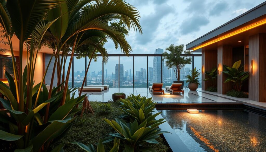 a serene, elegant luxury spa in Singapore, with lush tropical greenery and soothing water features in the foreground, a tranquil indoor spa area with plush lounge chairs and soft lighting in the middle ground, and a panoramic view of the Singapore skyline in the background, captured with a wide-angle lens and warm, diffused lighting to create a calming, indulgent atmosphere.