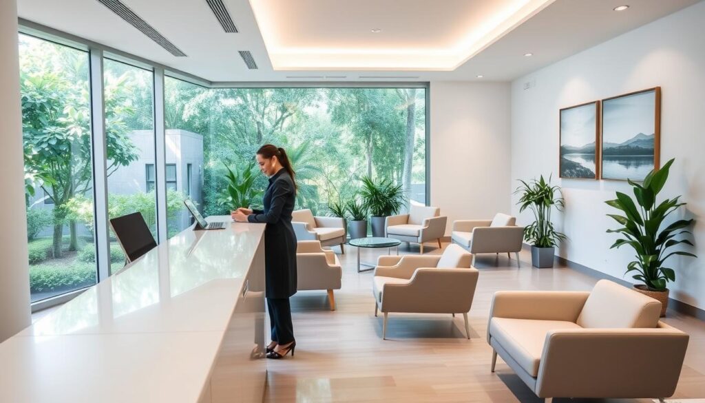 a serene, well-lit medical office reception area in Singapore, with a large window overlooking a lush, verdant garden. The foreground features a modern, minimalist reception desk with a touchscreen display and discreet signage indicating "Patient Appointment Booking". Two friendly, professional receptionists attend to patients, guiding them through the booking process. The middle ground showcases comfortable, ergonomic seating for patients, creating a calming, inviting atmosphere. The background depicts calming landscape paintings and potted plants, emanating a sense of tranquility. Soft, diffused lighting illuminates the space, accentuating the clean, modern aesthetic. The overall scene conveys an efficient, patient-centric experience for booking appointments with Singapore's leading neurologists.