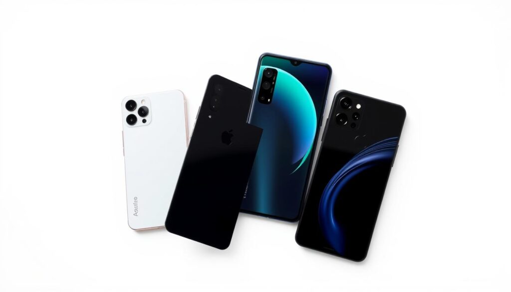 a sleek, minimalist arrangement of the latest smartphone models available in Singapore, showcased on a clean, white background with soft, natural lighting from the left side, capturing the stylish and modern design elements of each device in sharp detail and clarity, using a high-quality camera lens with a shallow depth of field to create a visually appealing and professional-looking presentation.