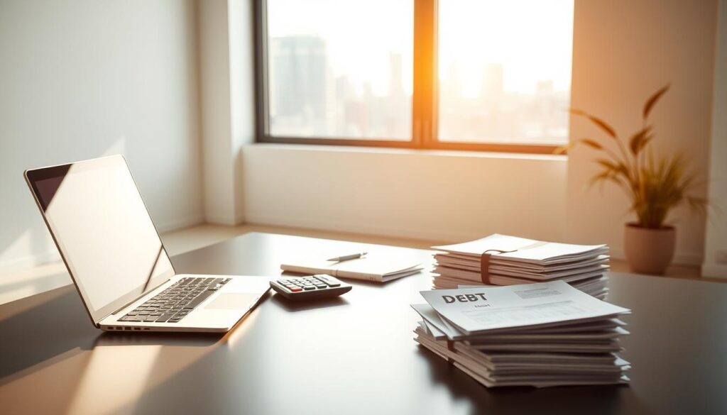 a sleek, modern office desk with a laptop, calculator, and stack of financial documents, representing the concept of debt consolidation. The lighting is warm and natural, casting a soft glow on the scene. The background is a clean, minimalist workspace with a large window overlooking a cityscape, symbolizing the financial opportunities and fresh start that debt consolidation can provide. The overall mood is one of organization, control, and a sense of financial responsibility.