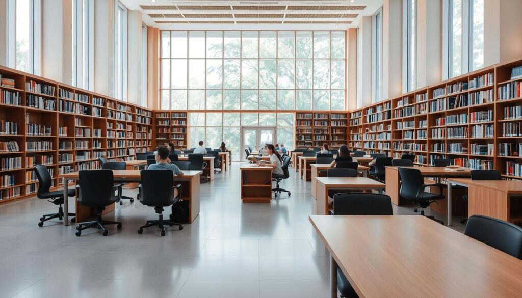 a spacious, well-lit study area inside the national library of singapore, with rows of wooden desks and ergonomic chairs arranged in a clean, minimalist layout. large windows flood the space with natural light, creating a warm, inviting atmosphere. the bookshelves lining the walls are filled with a diverse collection of literary works, conveying a sense of intellectual exploration. the floor is made of sleek, polished tiles, adding to the modern, sophisticated ambiance. a few students are seated at the desks, deeply immersed in their studies, creating a serene, focused environment perfect for academic endeavors.
