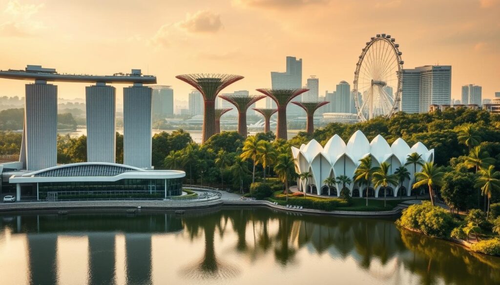 a stunning aerial view of the top luxury hotels in singapore, showcasing their elegant architecture and lush tropical surroundings. the foreground features the iconic marina bay sands resort with its distinctive stepped design, reflecting in the calm waters below. in the middle ground, the breathtaking supertree grove of the gardens by the bay provides a verdant backdrop, while the singapore flyer ferris wheel stands tall in the distance. the scene is bathed in warm, golden sunlight, creating a serene and luxurious atmosphere. the entire composition is captured through a wide-angle lens, emphasizing the grandeur and scale of these world-class hospitality destinations.