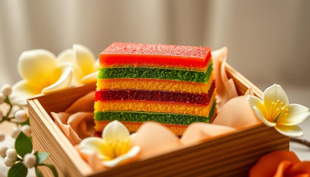 A beautifully arranged gift box showcasing a layered kueh lapis dessert. The kueh lapis is meticulously crafted, with vibrant hues of red, green, and yellow layered to perfection. The gift box is made of luxurious materials, such as wood or bamboo, adding an elegant touch. Soft, diffused lighting from above highlights the intricate details of the kueh lapis and casts a warm, inviting glow on the scene. The composition is balanced, with the kueh lapis taking center stage, surrounded by complementary elements like fresh flowers or traditional Indonesian decorations. The overall mood is one of celebration, festivity, and the perfect gift for any special occasion.