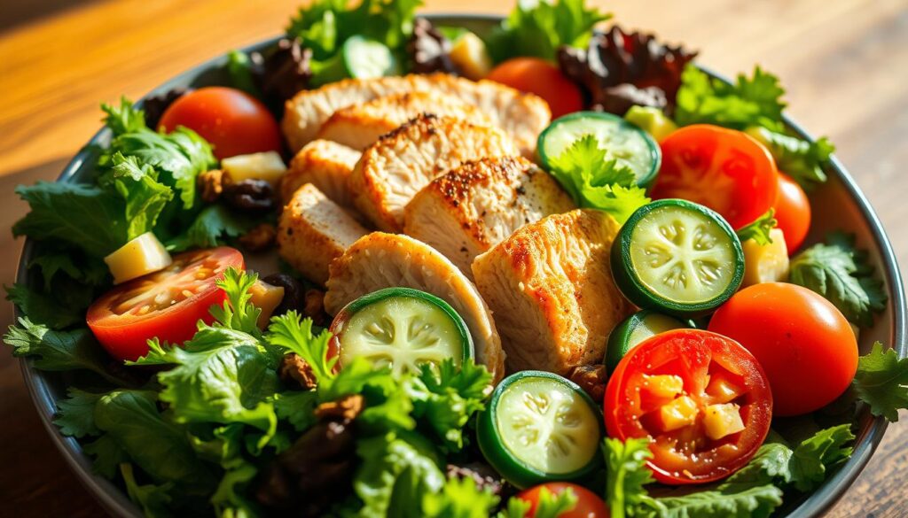 A beautifully arranged protein-packed salad, overflowing with a vibrant mix of leafy greens, juicy tomatoes, crunchy cucumbers, and succulent chicken breast. The salad is beautifully lit from the side, casting warm shadows and highlighting the texture of the ingredients. The composition is balanced, with the salad components artfully arranged to create a visually appealing and appetizing dish. The overall mood is fresh, healthy, and inviting, capturing the essence of a nourishing and satisfying meal. A beautifully arranged protein-packed salad, overflowing with a vibrant mix of leafy greens, juicy tomatoes, crunchy cucumbers, and succulent chicken breast. The salad is beautifully lit from the side, casting warm shadows and highlighting the texture of the ingredients. The composition is balanced, with the salad components artfully arranged to create a visually appealing and appetizing dish. The overall mood is fresh, healthy, and inviting, capturing the essence of a nourishing and satisfying meal.