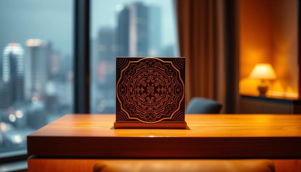 A beautifully crafted mooncake box sits atop a wooden table, illuminated by warm, diffused lighting. The box's intricate design features traditional Chinese motifs, with delicate patterns and gold accents that catch the eye. The surface of the table is polished, reflecting the box's elegant silhouette. In the background, a subtle blurred cityscape is visible through a large window, hinting at the urban setting. The overall composition evokes a sense of refined sophistication, perfectly capturing the essence of the finest mooncakes Singapore has to offer.