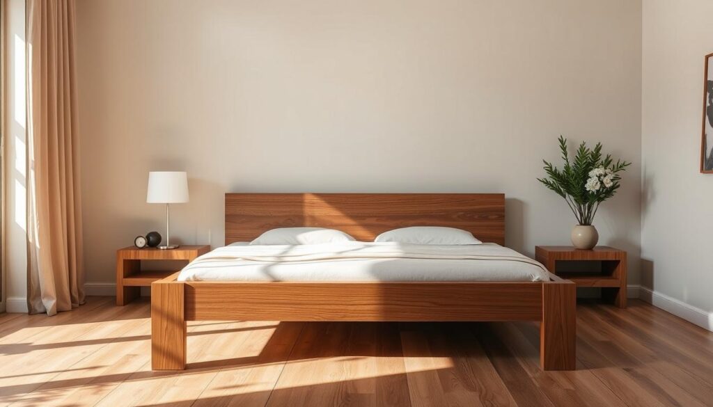A beautifully crafted wooden bed frame stands in a cozy, well-lit bedroom. The frame is made of rich, natural wood grains with a smooth, satin finish, exuding a timeless elegance. Soft, warm lighting cascades over the frame, casting gentle shadows that accentuate its intricate details and craftsmanship. The bed is positioned in the center of the room, with the wooden frame serving as the focal point, surrounded by minimalist decor that complements the natural aesthetic. The overall atmosphere is one of tranquility, comfort, and a touch of rustic charm, perfectly capturing the essence of a "Wooden Bed Frames: Timeless and Durable" setting.
