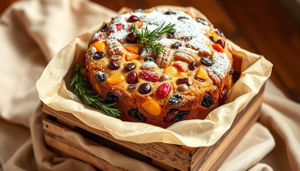 A beautifully decorated fruit cake, nestled in a rustic wooden crate, sits atop a soft beige cloth. The cake is densely packed with dried fruits like cherries, raisins, and apricots, their colors vibrant against the golden brown exterior. Sprigs of fresh rosemary and thyme add a fragrant touch, while a light dusting of powdered sugar creates a delicate snowy accent. Warm, indirect lighting casts a cozy glow, highlighting the intricate textures and inviting the viewer to imagine the rich, moist crumb within. This elegant, giftable fruitcake is the perfect centerpiece for a holiday celebration or a thoughtful present for a loved one.