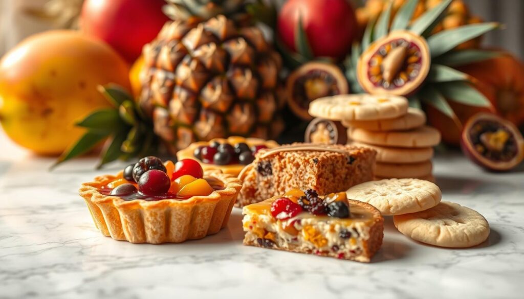 A beautifully lit, close-up shot of an assortment of fruit-infused desserts, artfully arranged on a marble tabletop. In the foreground, a delicate fruit tart with a golden, flaky crust and glistening berry compote. Beside it, a slice of moist, dense fruit cake studded with colorful dried fruits and a drizzle of caramel. In the middle ground, a stack of buttery, crumbly shortbread cookies, their surfaces dotted with candied citrus zest. The background features a lush, tropical arrangement of fresh fruits - juicy mangoes, ripe pineapples, and vibrant passionfruit - casting a warm, golden glow over the scene. The overall mood is one of indulgence, harmony, and the celebration of Singapore's vibrant culinary heritage.