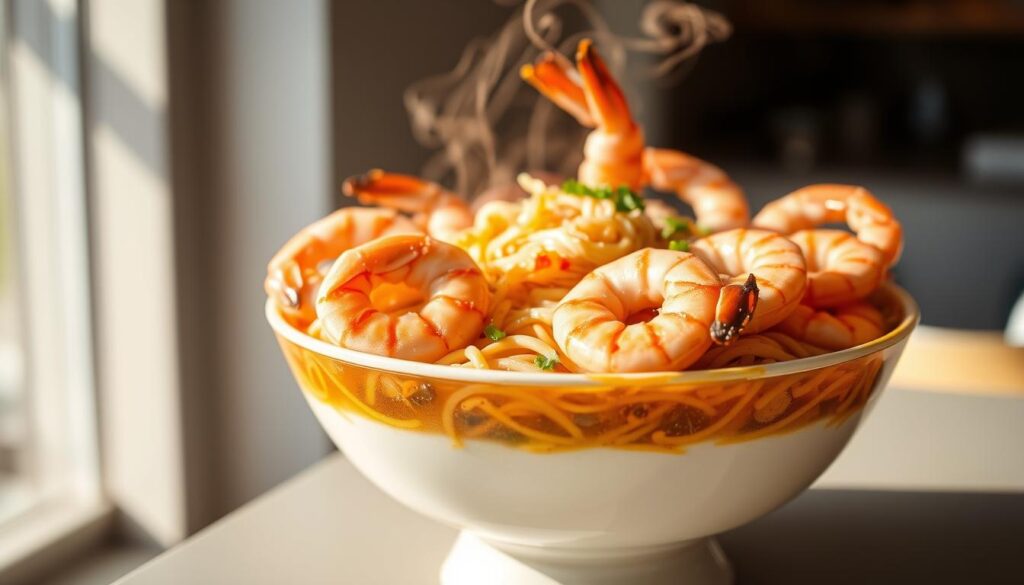 A beautifully-lit, high-resolution photograph of a large, freshly-prepared bowl of Whitley Road Big Prawn Noodle. The steaming noodles are nestled in a rich, savory broth, topped with an abundance of plump, juicy prawns. The bowl is set against a minimalist, modern backdrop, with soft natural lighting casting a warm glow over the scene. The focus is sharp, emphasizing the vibrant colors and textures of the dish, inviting the viewer to experience its mouthwatering aroma and flavor. The composition is balanced, highlighting the noodles and prawns as the central focus, with subtle details in the background adding depth and context.