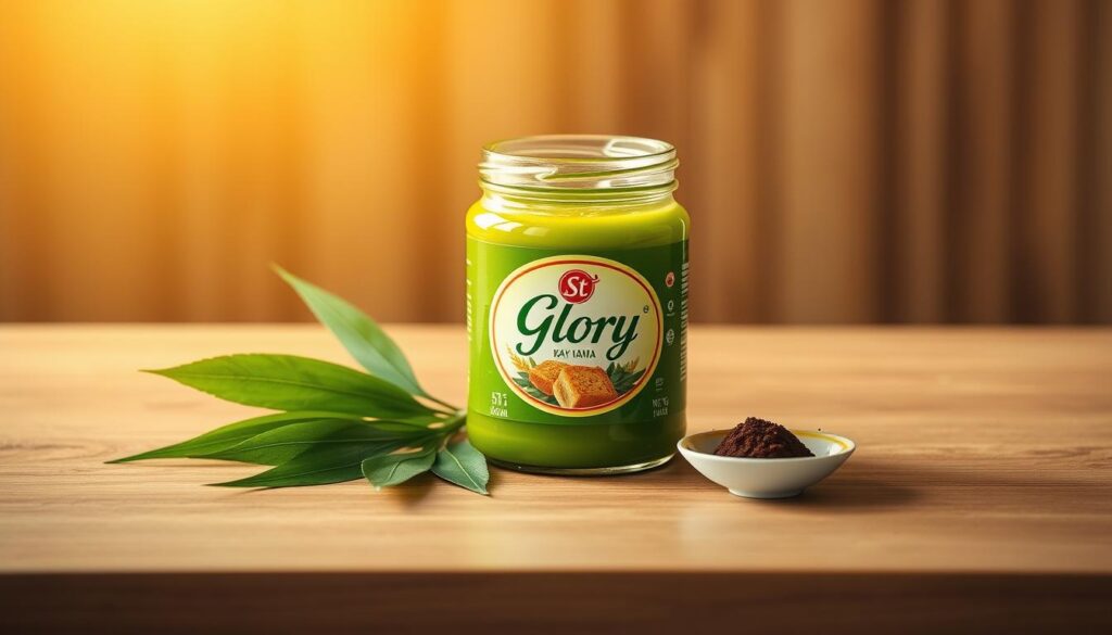 A beautifully packaged jar of vibrant green kaya jam takes center stage, its label proudly displaying the "Glory" brand name against a background of warm, golden light. The jar is placed on a sleek, modern wooden table, surrounded by fragrant pandan leaves and a delicate sprig of freshly brewed coffee. The lighting is soft and diffused, casting a gentle glow that highlights the jar's glossy surface and the richness of the kaya within. The composition exudes a sense of everyday elegance and the timeless appeal of this beloved Singaporean delicacy.