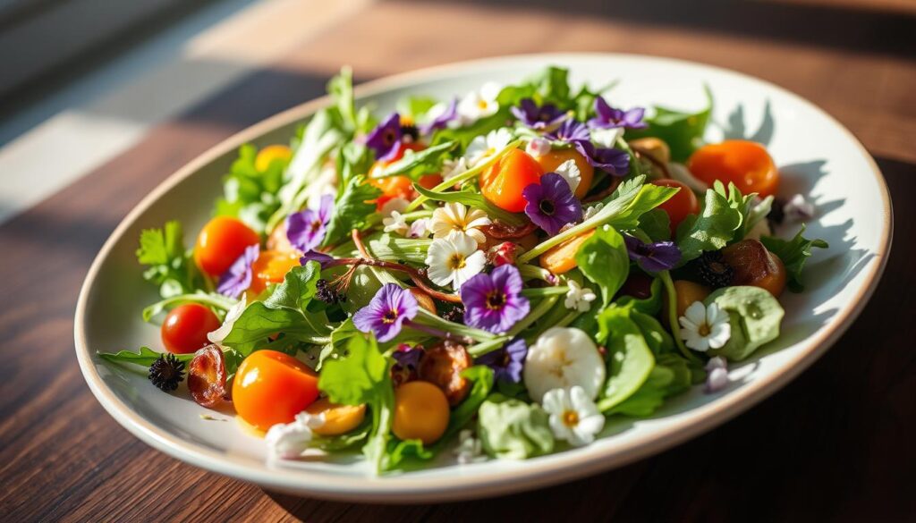 A beautifully plated Scandinavian-inspired salad, featuring a vibrant mix of fresh greens, crisp vegetables, and delicate edible flowers. The salad is arranged with an artistic flair, creating a visually stunning composition. The lighting is soft and natural, casting a warm glow over the scene, accentuating the vibrant colors and textures of the ingredients. The camera angle is slightly elevated, providing a dynamic and appetizing perspective. The overall mood is serene and inviting, evoking a sense of Nordic simplicity and elegance. The salad is a harmonious blend of flavors and textures, perfectly capturing the essence of a Scandinavian-inspired culinary delight. A beautifully plated Scandinavian-inspired salad, featuring a vibrant mix of fresh greens, crisp vegetables, and delicate edible flowers. The salad is arranged with an artistic flair, creating a visually stunning composition. The lighting is soft and natural, casting a warm glow over the scene, accentuating the vibrant colors and textures of the ingredients. The camera angle is slightly elevated, providing a dynamic and appetizing perspective. The overall mood is serene and inviting, evoking a sense of Nordic simplicity and elegance. The salad is a harmonious blend of flavors and textures, perfectly capturing the essence of a Scandinavian-inspired culinary delight.