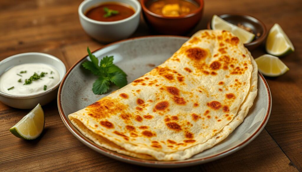 A beautifully plated halal thosai, its golden-brown crisp exterior contrasting with the fluffy, pillowy interior. The dish is presented on a wooden table, accompanied by an array of authentic condiments - fragrant sambar, creamy coconut chutney, and tangy lime wedges. Soft, diffused lighting bathes the scene, highlighting the textural details and vibrant colors. The composition is balanced, with the thosai taking center stage, surrounded by complementary elements that evoke the essence of Singaporean cuisine. The overall mood is inviting, mouthwatering, and reflective of the "halal thosai excellence" promised in the section title.