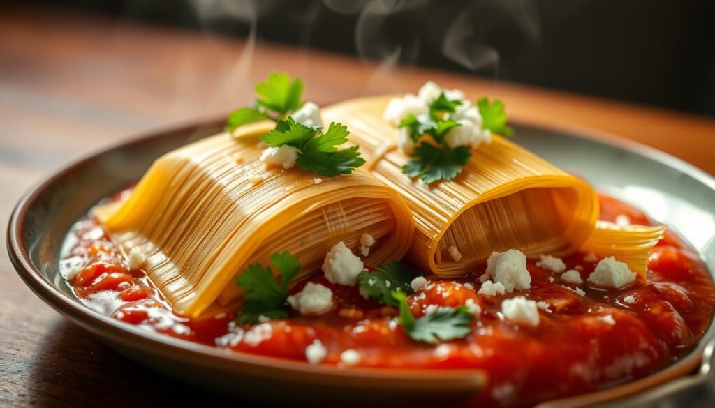 A beautifully plated tamales dish, with two steaming tamales nestled atop a bed of vibrant red salsa, garnished with fresh cilantro leaves and a sprinkle of crumbled queso fresco. The tamales have a golden-brown exterior, hinting at their moist and fluffy interior. The lighting casts a warm, inviting glow, accentuating the rich colors and textures. The camera angle is slightly elevated, capturing the dish in a tantalizing, close-up perspective, making the viewer's mouth water with anticipation. This image evokes the authentic, homemade flavors of a traditional Mexican dish with a unique and delectable twist.