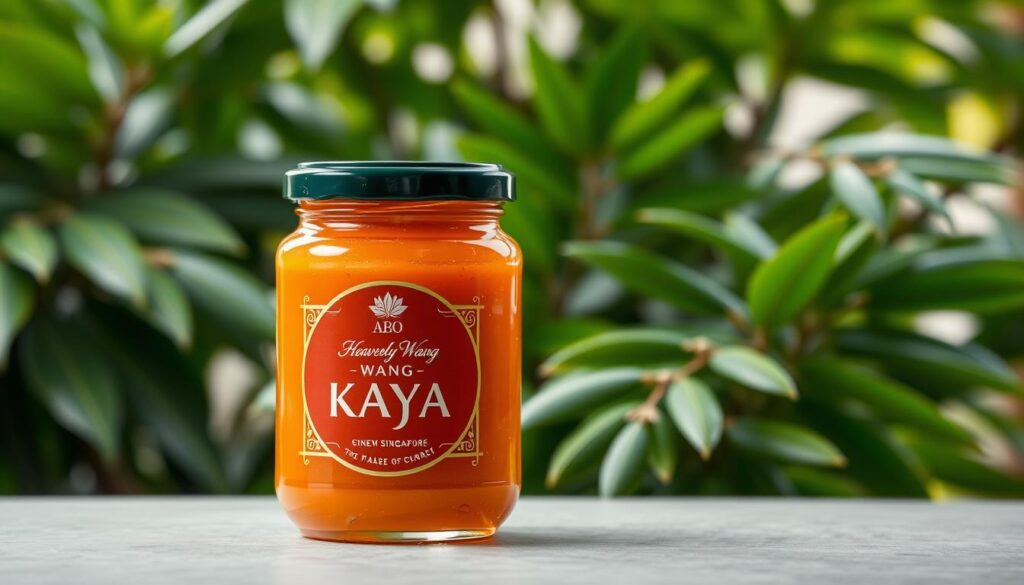 A beautifully presented jar of Heavenly Wang's renowned kaya jam, showcasing its rich, golden hue and glossy texture. The jar is set against a soft, diffused light, highlighting the jam's alluring sheen. In the background, a lush, tropical foliage provides a verdant backdrop, evoking the essence of Singapore's vibrant culinary landscape. The composition is balanced, with the jar positioned in the center, drawing the viewer's gaze towards the star of the scene. The overall mood is one of tranquility and indulgence, inviting the viewer to imagine the flavors and aromas of this celebrated Singaporean delicacy.