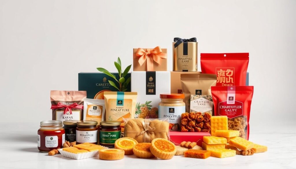 A bountiful assortment of quintessential Singaporean food gifts, artfully arranged against a crisp, minimalist backdrop. In the foreground, an array of iconic local delights - fragrant kaya jam, crunchy pineapple tarts, and rich, buttery bak kwa. The middle ground features sleek, modern packaging showcasing the products' premium quality. In the background, a soft, diffused lighting highlights the vibrant colors and textures, creating a warm, inviting atmosphere. The overall composition evokes a sense of Singaporean craftsmanship, tradition, and the country's reputation for exceptional culinary experiences.