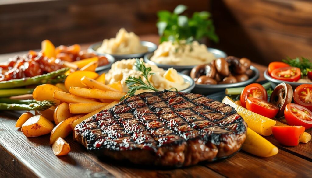 A bountiful spread of perfectly grilled steak sides on a rustic wooden table, bathed in warm, inviting lighting. In the foreground, golden roasted potatoes, tender asparagus spears, and caramelized onions, all arranged with a delicate balance. The middle ground features a selection of creamy mashed potatoes, savory sautéed mushrooms, and vibrant grilled tomatoes. In the background, a subtle hint of fresh leafy greens and a sprinkle of fragrant herbs, completing the harmonious culinary tableau. The overall mood is one of elevated comfort, where the steak and its complementary sides come together in a symphony of flavors and textures, ready to delight the senses.