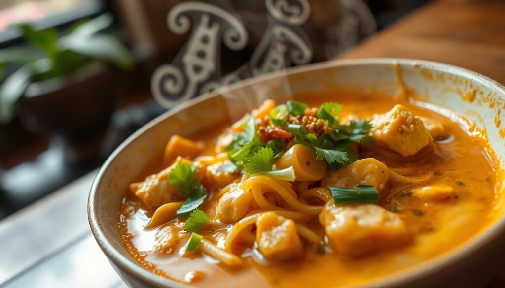 A bowl of steaming, aromatic curry chicken noodles takes center stage, the rich, creamy sauce glistening under the warm, soft lighting. Tender chicken chunks and fresh noodles are artfully arranged, garnished with crisp scallions, coriander, and a sprinkle of roasted sesame seeds. The scene is captured from a low angle, highlighting the depth and complexity of the dish. The background is blurred, keeping the focus on the delectable noodles, which appear to be the star of this culinary masterpiece. The overall mood is inviting and mouthwatering, perfectly capturing the essence of the "Da Po Hainanese Chicken Rice & Curry Chicken Noodles" dish.