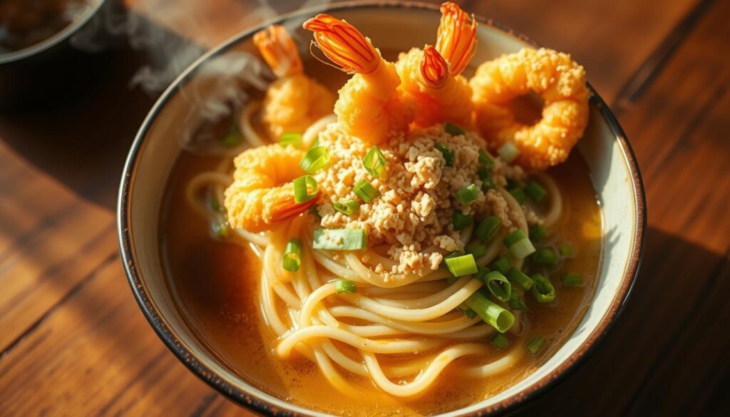 A bowl of steaming tempura udon noodles, the broth shimmering with a mouthwatering golden hue. Thick, hand-pulled noodles are nestled beneath a cascade of crisp, golden tempura prawns, lightly dusted with seasoned panko breadcrumbs. Fresh scallions and a drizzle of tentsuyu dipping sauce add vibrant pops of color and flavor. The scene is bathed in warm, natural light, casting a soft, inviting glow over the entire composition. The camera angle is slightly elevated, providing a tantalizing birds-eye view of this wallet-friendly, yet indulgent dish. An atmosphere of casual elegance permeates the scene, hinting at the refined yet approachable dining experience that awaits.