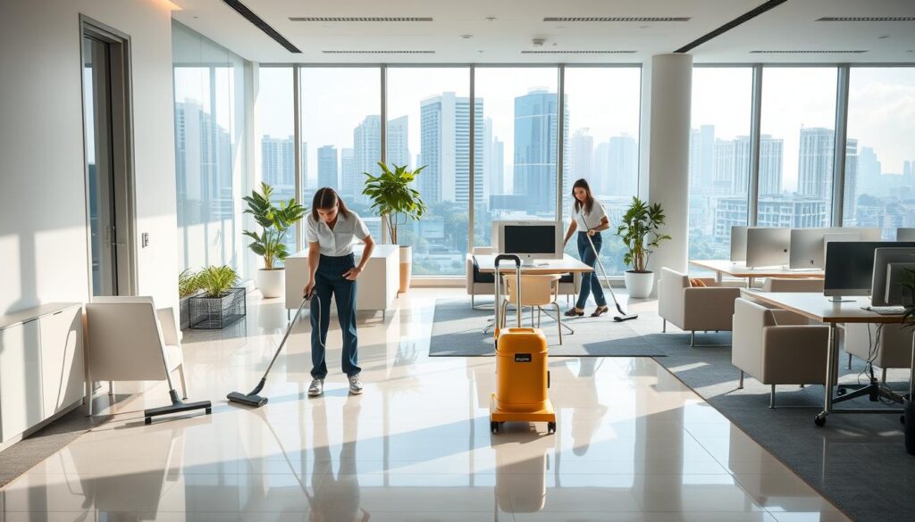 A bright, airy office space with a team of professional cleaners meticulously cleaning and maintaining a modern, well-equipped workspace. The foreground features cleaners in crisp uniforms wiping down surfaces, vacuuming floors, and tidying up common areas. The middle ground showcases sleek, minimalist furniture and decor, with natural light streaming in through large windows. The background depicts the vibrant cityscape of Singapore, hinting at the bustling urban environment these cleaning services cater to. The overall scene conveys a sense of efficiency, attention to detail, and the importance of a clean, well-maintained workspace for businesses and professionals.