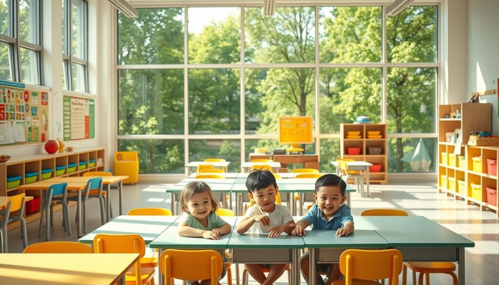 A bright, sunlit classroom with large windows overlooking a lush, verdant outdoor scene. Rows of cheerful, colorful desks and chairs are arranged in a welcoming layout, surrounded by educational posters, charts, and shelves filled with books and learning materials. In the foreground, a group of young children sit engaged in a hands-on activity, their faces alight with curiosity and joy. Gentle natural lighting filters in, creating a warm, inviting atmosphere conducive to discovery and learning. The overall scene exudes a sense of harmony, creativity, and a nurturing environment that fosters the holistic development of young minds.