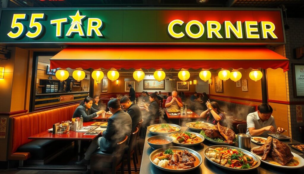 A bustling 5 Star Corner restaurant, its facade adorned with vibrant neon signage and awnings in a palette of warm oranges and yellows. Through the large picture windows, patrons can be seen indulging in massive, generously portioned dishes, steam rising from hearty stews and platters overflowing with succulent meats and colorful vegetables. The interior exudes an inviting ambiance, with cozy booths, wooden accents, and soft lighting creating an atmosphere of casual elegance. The scene conveys a sense of abundance and satisfaction, enticing passers-by to step inside and experience the renowned XXL portions that have made 5 Star Corner a local dining institution.
