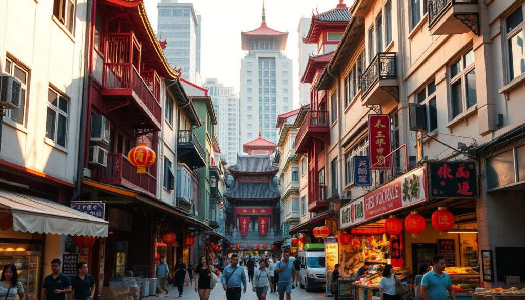 A bustling Chinatown complex with vibrant traditional shophouses, intricate architectural details, and a lively hawker center at the heart. Warm, golden sunlight bathes the scene, casting soft shadows and highlighting the ornate Chinese lanterns and neon signs. People weave through the narrow lanes, carrying bags of fresh produce and street food. In the foreground, the entrance to the food center beckons, its rows of stalls and sizzling woks promising an authentic Singaporean hawker experience. The background features towering pagoda-style buildings and a glimpse of the iconic Buddha Tooth Relic Temple, capturing the essence of this culturally rich neighborhood.