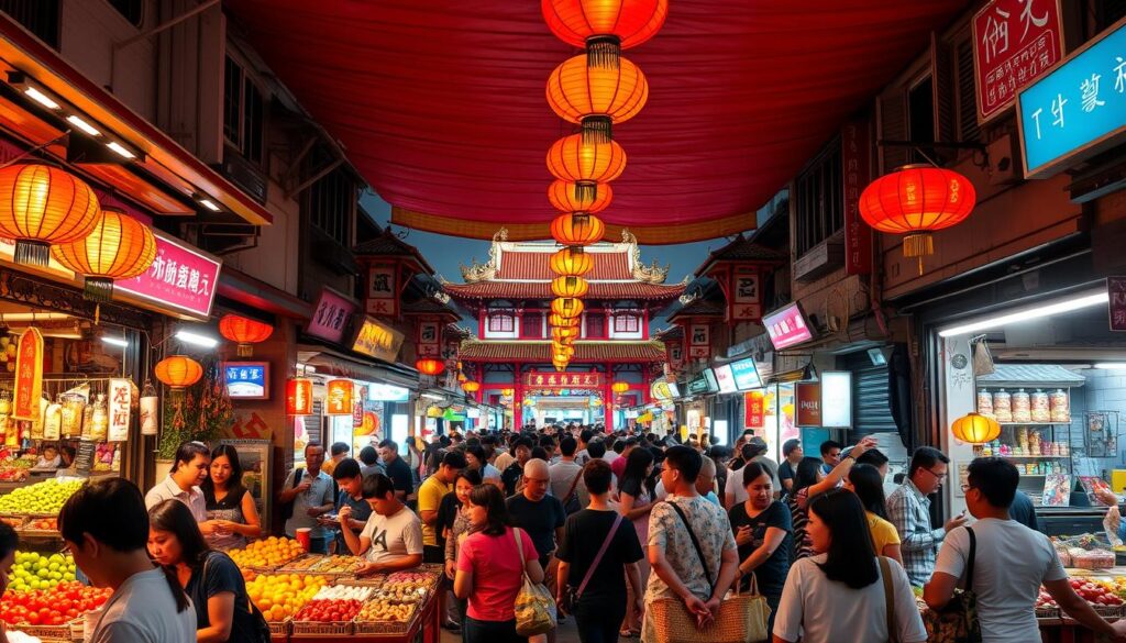 A bustling Chinatown street market in Singapore, illuminated by the warm glow of lanterns and neon signs. Stalls overflow with vibrant produce, hand-crafted trinkets, and the aroma of sizzling street food. Shoppers weave through the lively crowd, haggling with merchants amidst the sounds of Cantonese chatter and the rhythmic clatter of bamboo baskets. In the background, traditional shophouses and ornate temples provide a captivating cultural backdrop, while the overhead canopy of red and gold creates a sense of immersion in this dynamic commercial hub.