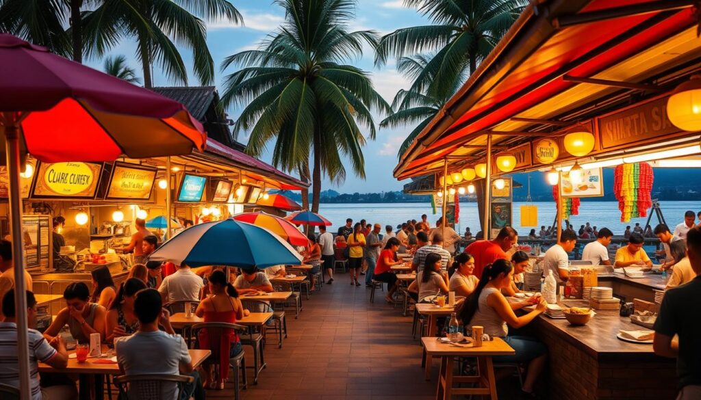 A bustling East Coast Lagoon Food Village, with vibrant hawker stalls serving up a mouthwatering array of Singaporean delicacies. The scene is bathed in warm, golden evening light, casting a cozy glow over the lively alfresco dining area. In the foreground, colorful umbrellas shade the tables, where patrons savor local favorites like chilli crab, satay, and laksa. The middle ground reveals the bustling open-air kitchen, where skilled hawkers skillfully prepare dishes using time-honored recipes. In the background, the serene waters of the lagoon provide a serene backdrop, with palm trees swaying gently in the coastal breeze. The overall atmosphere is one of convivial community, where the aromas of spices and sizzling meats mingle with the chatter of happy diners.