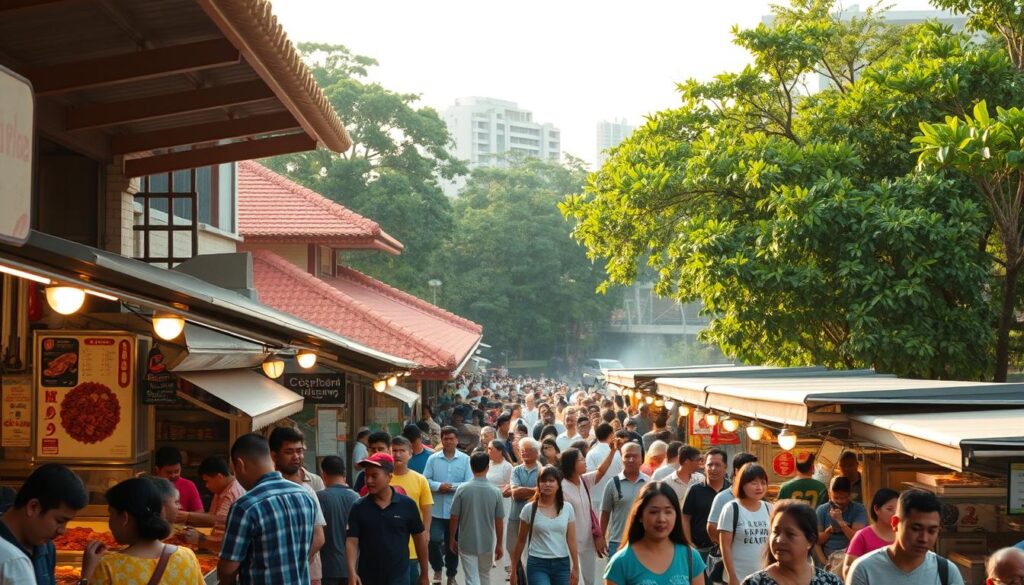 A bustling Malay hawker centre in the heart of Singapore, bathed in warm, golden light. In the foreground, a variety of traditional Malay dishes are displayed on stalls, their aromas wafting through the air. Bustling crowds of locals and tourists navigate the narrow walkways, immersed in the vibrant atmosphere. The middle ground features the iconic architectural elements of a hawker centre, with its open-air layout and tiled roofs. In the background, the lush greenery of Singapore's urban landscape provides a serene backdrop, creating a harmonious blend of the built and natural environments. The scene conveys a sense of authentic Singaporean culture, where the shared experience of gathering around delicious Malay cuisine is a cherished tradition.