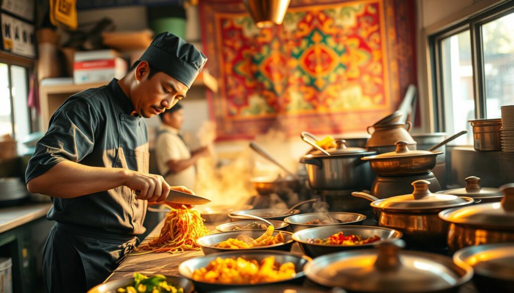 A bustling Malay kitchen, filled with the aroma of spices and sizzling woks. In the foreground, a skilled chef meticulously prepares a traditional dish, deftly chopping fresh ingredients with precise knife skills. The middle ground showcases an array of copper pots and pans, reflecting the warm, golden light that filters in through the windows. In the background, a colorful tapestry of Malay cultural motifs adorns the walls, creating a vibrant and authentic atmosphere. The scene is captured with a shallow depth of field, drawing the viewer's attention to the intricate culinary techniques at the heart of Malay cuisine.