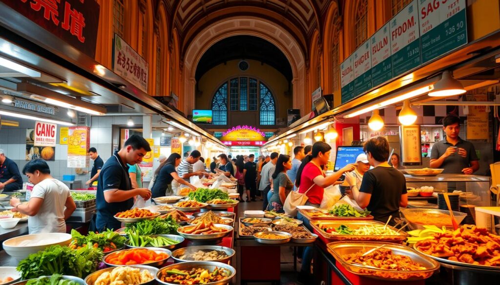 A bustling Singapore hawker center, with vibrant vegan dishes displayed under warm, golden lighting. In the foreground, a diverse array of plant-based delicacies - from steaming noodle bowls to colorful curries, all temptingly presented. The middle ground showcases the lively atmosphere, with Singaporeans and tourists mingling amid the chatter and aromas of the stalls. In the background, the iconic architecture of the hawker center frames the scene, creating a distinctive Singaporean ambiance. The image conveys the rich, flavorful, and community-driven nature of vegan hawker food in this multicultural city.