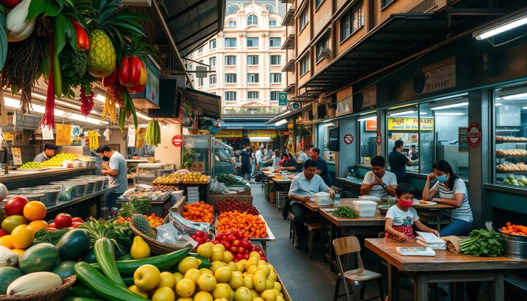 A bustling Tiong Bahru Market & Food Centre, bathed in warm morning light. In the foreground, a vibrant display of tropical fruits, freshly picked vegetables, and aromatic spices. In the middle ground, hawker stalls sizzle with activity, their stainless-steel countertops gleaming. Diners sit at worn wooden tables, savoring local delicacies like steaming bowls of Bak Chor Mee and crispy Kaya Toast. Beyond, the historic architecture of Tiong Bahru estate frames the scene, its distinctive art-deco facades casting long shadows. The atmosphere is one of community, tradition, and the comforting aroma of Singaporean cuisine.