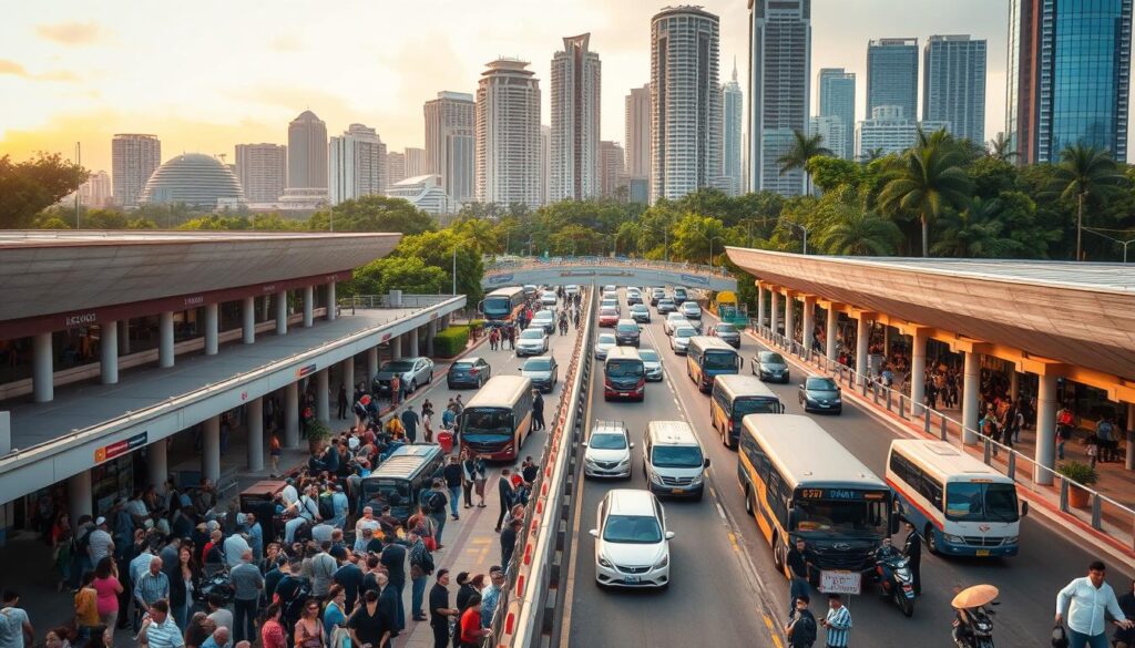 A bustling border crossing between Singapore and Malaysia, with a sprawling complex of immigration checkpoints, customs facilities, and commercial outlets. In the foreground, travelers queue patiently as officials scrutinize passports and luggage. The middle ground features a mix of modern architecture and bustling activity, with tour buses, taxis, and private vehicles navigating the congested roads. In the background, lush tropical foliage and towering skyscrapers provide a striking contrast, hinting at the diverse landscapes that await on the other side of the border. Warm, golden light filters through, creating a sense of both efficiency and anticipation as travelers prepare to embark on their journeys.