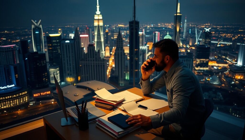 A bustling city skyline at night, with glowing high-rise buildings and neon signs. In the foreground, a man sitting at a desk, intently focused on his smartphone, making an international call. The desk is cluttered with papers, a laptop, and a pen holder. Soft, warm lighting illuminates the scene, creating a cozy, productive atmosphere. The background features a panoramic view of the city, with towering skyscrapers and a dimly lit cityscape in the distance. The image conveys the idea of staying connected globally, even while working late in a modern, metropolitan setting.