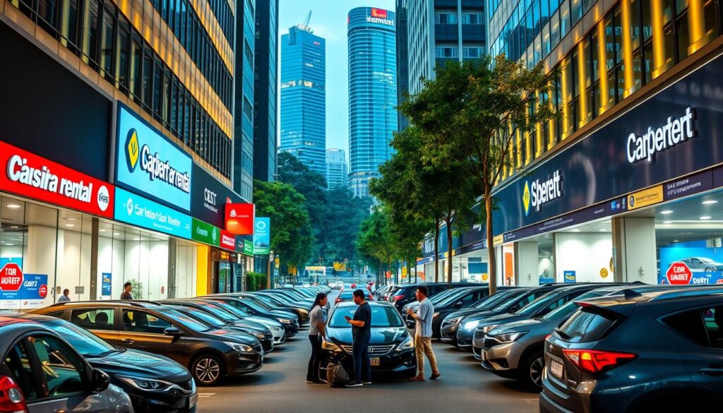 A bustling city street lined with sleek, modern car rental company storefronts, their logos and branding prominently displayed. The foreground features a diverse array of vehicles, from compact sedans to spacious SUVs, arranged in an inviting, well-lit showroom. In the middle ground, customers interact with attentive staff, discussing rental options and packages. The background showcases the vibrant urban landscape of Singapore, with towering skyscrapers and lush greenery creating a dynamic, cosmopolitan atmosphere. The lighting is a balanced mix of natural daylight and warm, indirect illumination, creating a welcoming and professional ambiance. The overall scene conveys the efficiency, convenience, and reliability of the top car rental companies in Singapore.