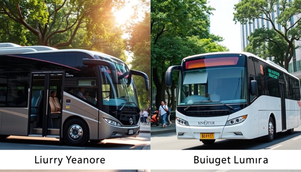 A bustling city street, sunlight filtering through the trees, showcases two distinct buses side by side. On the left, a sleek and modern luxury bus with plush seating, tinted windows, and a glossy exterior. On the right, a more modest budget bus with a simple design, functional amenities, and a practical appearance. The contrasting vehicles stand as symbols of the varying levels of comfort and price points available for travelers making the journey from Singapore to Kuala Lumpur. The scene is captured with a sharp focus, emphasizing the details that differentiate the bus options, inviting the viewer to compare and consider their preferences for the trip.