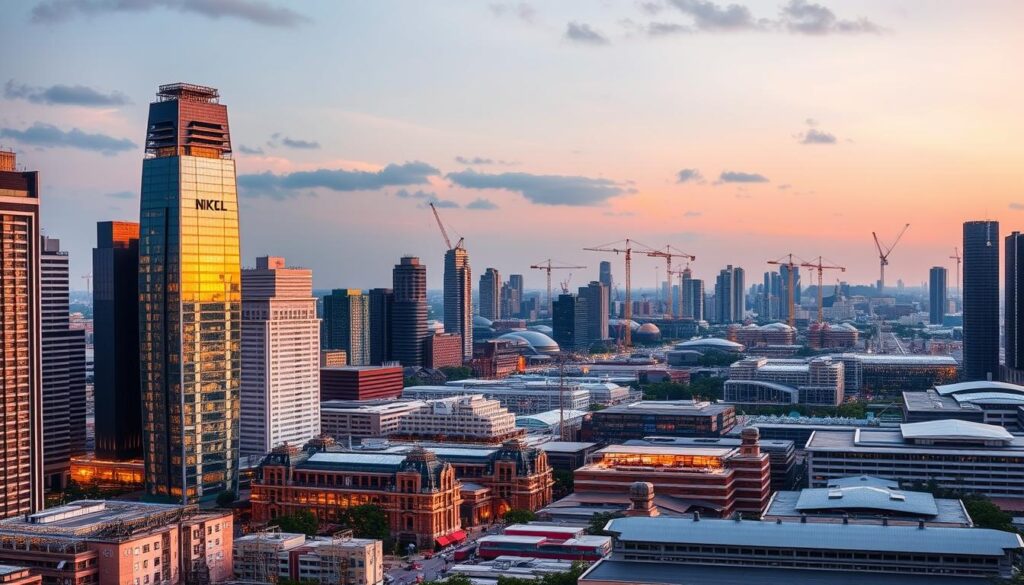 A bustling cityscape at dusk, with towering skyscrapers and industrial complexes in the foreground, their facades illuminated by warm, golden lighting. In the middle ground, a blend of modern and traditional architecture, representing the diverse industries thriving in this vibrant metropolis. The background is dotted with cranes, construction sites, and the silhouettes of factories, reflecting the dynamic growth and development of Singapore's business landscape. The scene conveys a sense of progress, innovation, and the harmonious coexistence of various sectors, capturing the essence of the "Industries Covered" in the ranking.