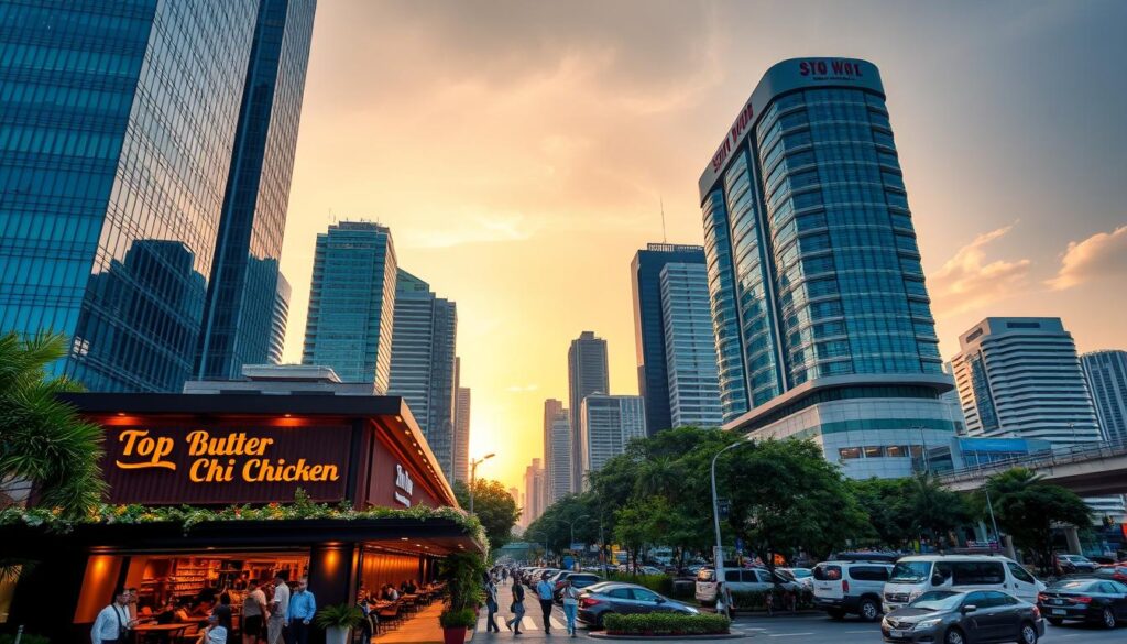 A bustling cityscape in Singapore, with towering skyscrapers and vibrant street life. In the foreground, the facade of a chic, modern restaurant adorned with warm lighting and a stylized sign that reads "Top Butter Chicken". The middle ground showcases a mix of pedestrians, vehicles, and lush greenery, creating a dynamic urban atmosphere. The background is framed by a cloudless sky, bathed in a golden glow that reflects the city's cosmopolitan charm. The overall scene conveys a sense of culinary excellence, paired with the energy and vibrancy of one of Asia's premier dining destinations.